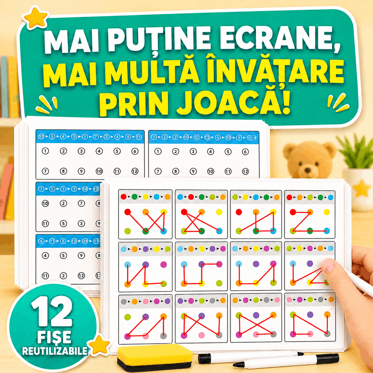Joc magic Istețino™ - 12 fișe reutilizabile educative pentru logică și memorie
