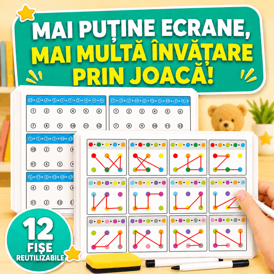 Joc magic Istețino™ - 12 fișe reutilizabile educative pentru logică și memorie