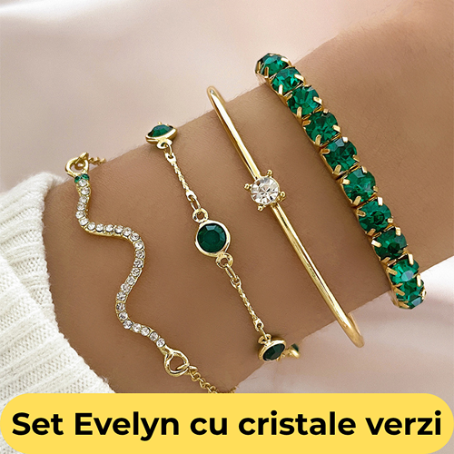 Set 4 brățări Evelyn aurii 18K cu cristale verzi