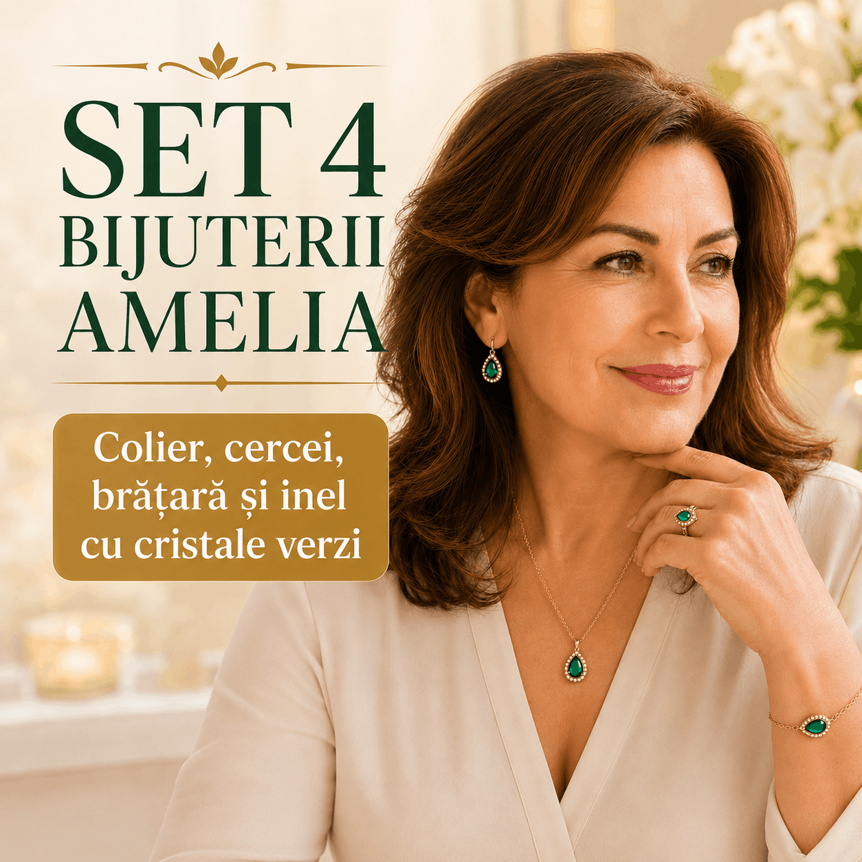 Set 4 bijuterii Amelia cu cristale verzi