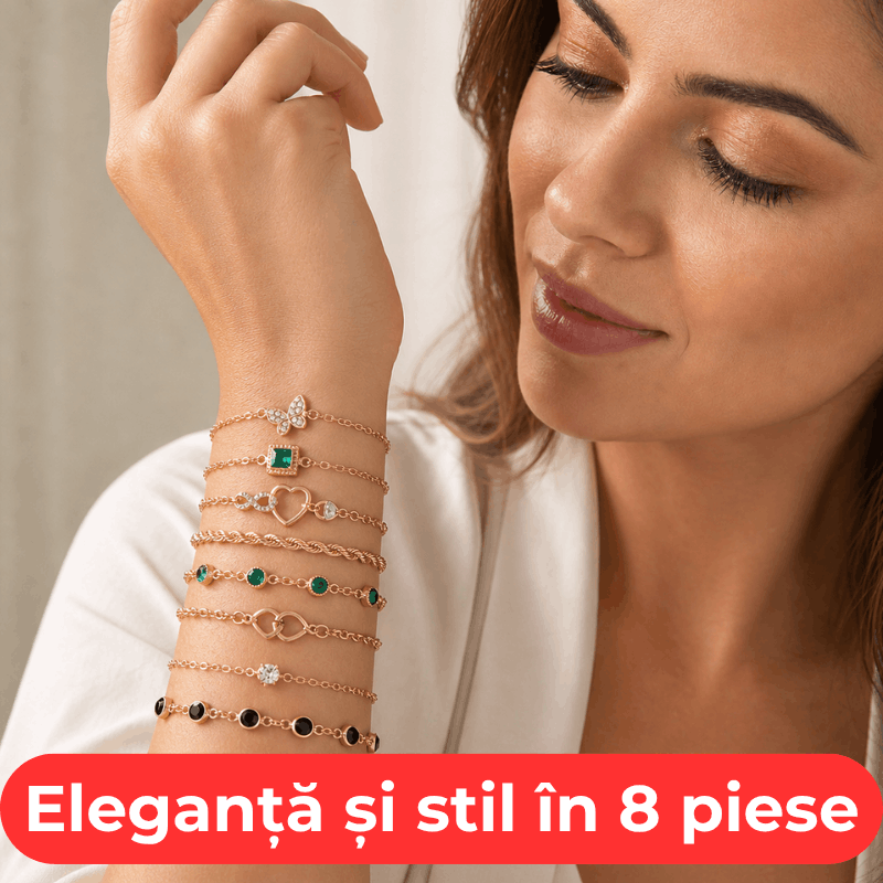 Set 8 brățări Lyra aurii 18K cu pietre verzi
